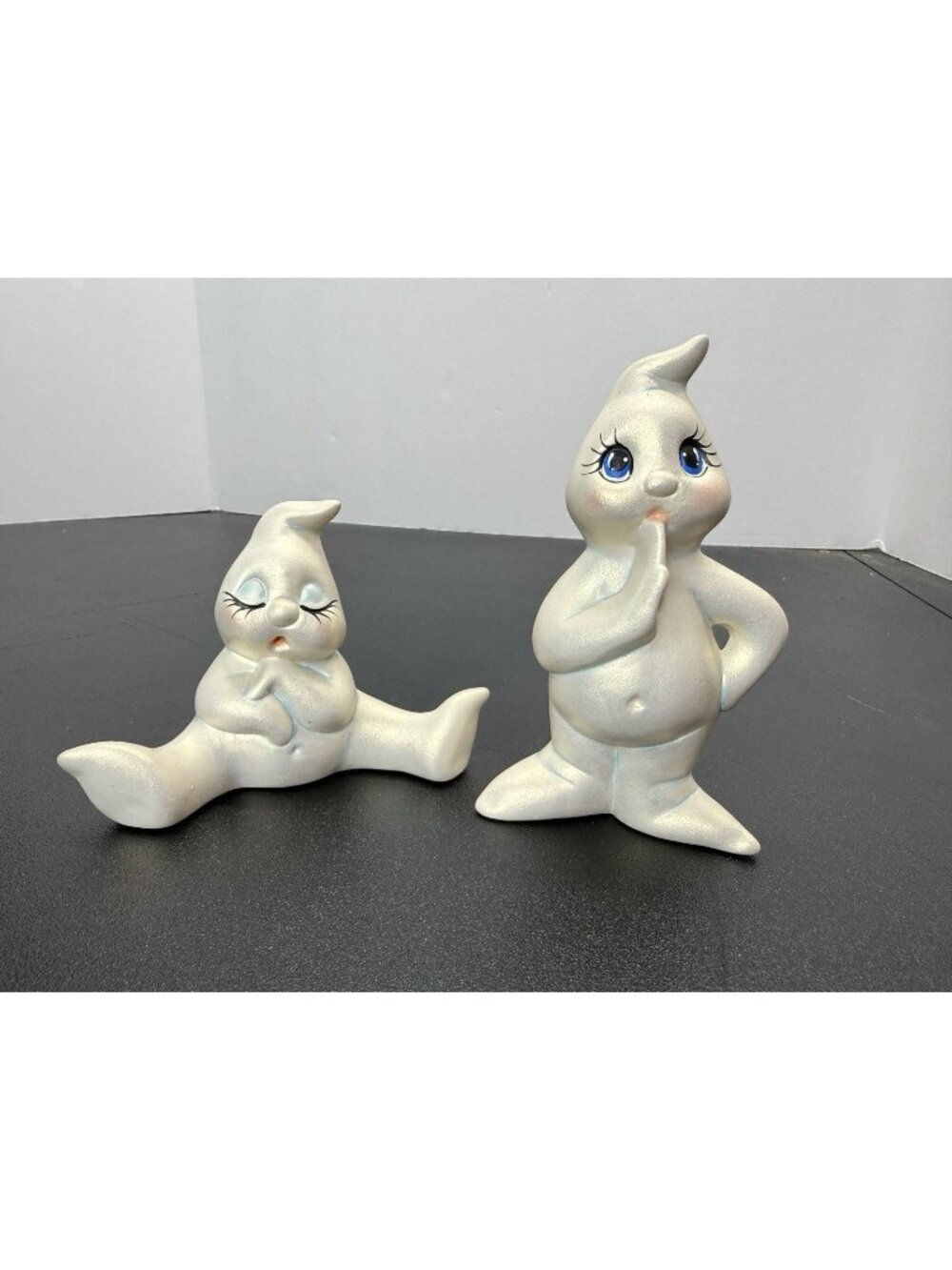 Vintage Set of Two Ceramic Cute Spooky Ghost Figurines Hobbyist Halloween Decor